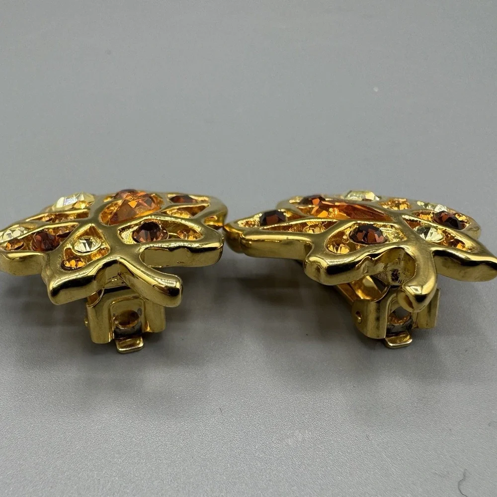 Vintage Nolan Miller Gold Tone Autumn Leaf Rhinestone Clip On Earrings